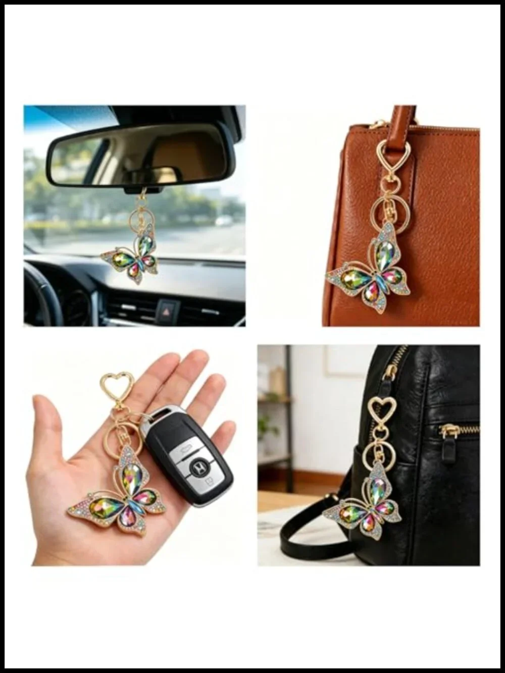 2-Piece Rhinestone Butterfly Keychain Set Zinc Alloy Bag Charm Car Pendant Gift